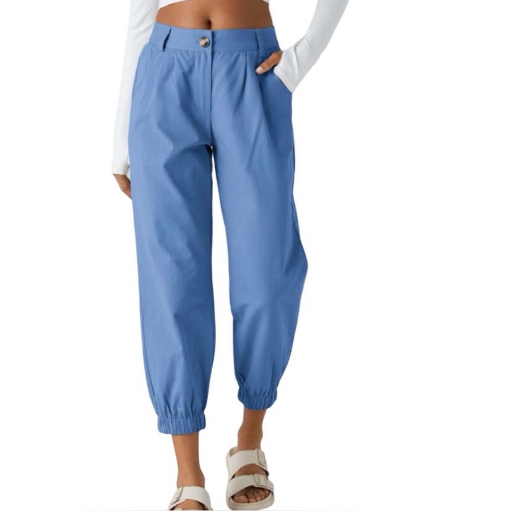 Halara NWT Mid Rise Button Zipper Side Pocket Blue Cotton Joggers Size Large